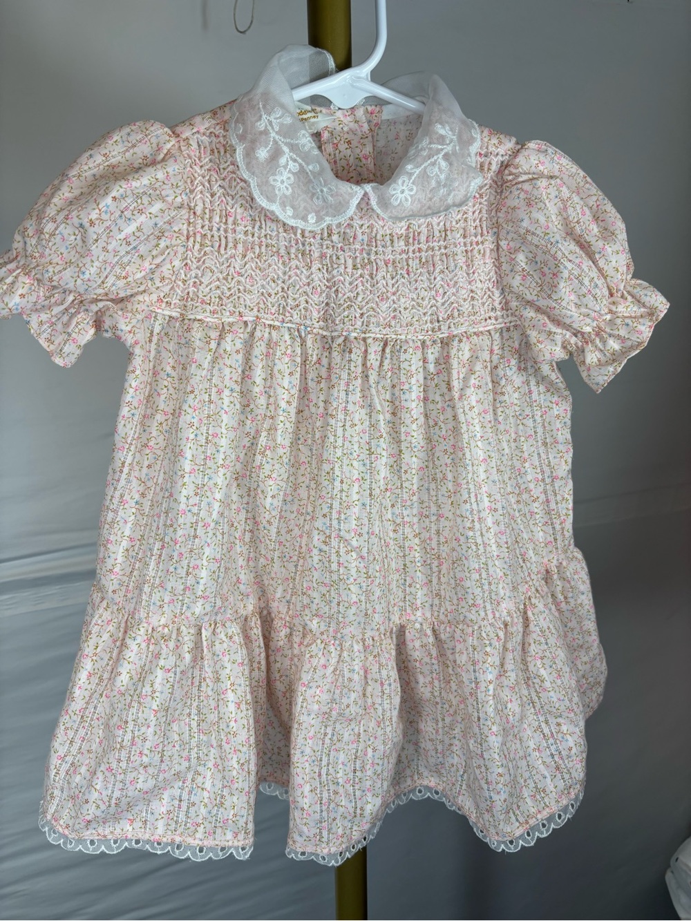 jcpenney Cream and Pink Floral Smocked Dress with Lace Collar